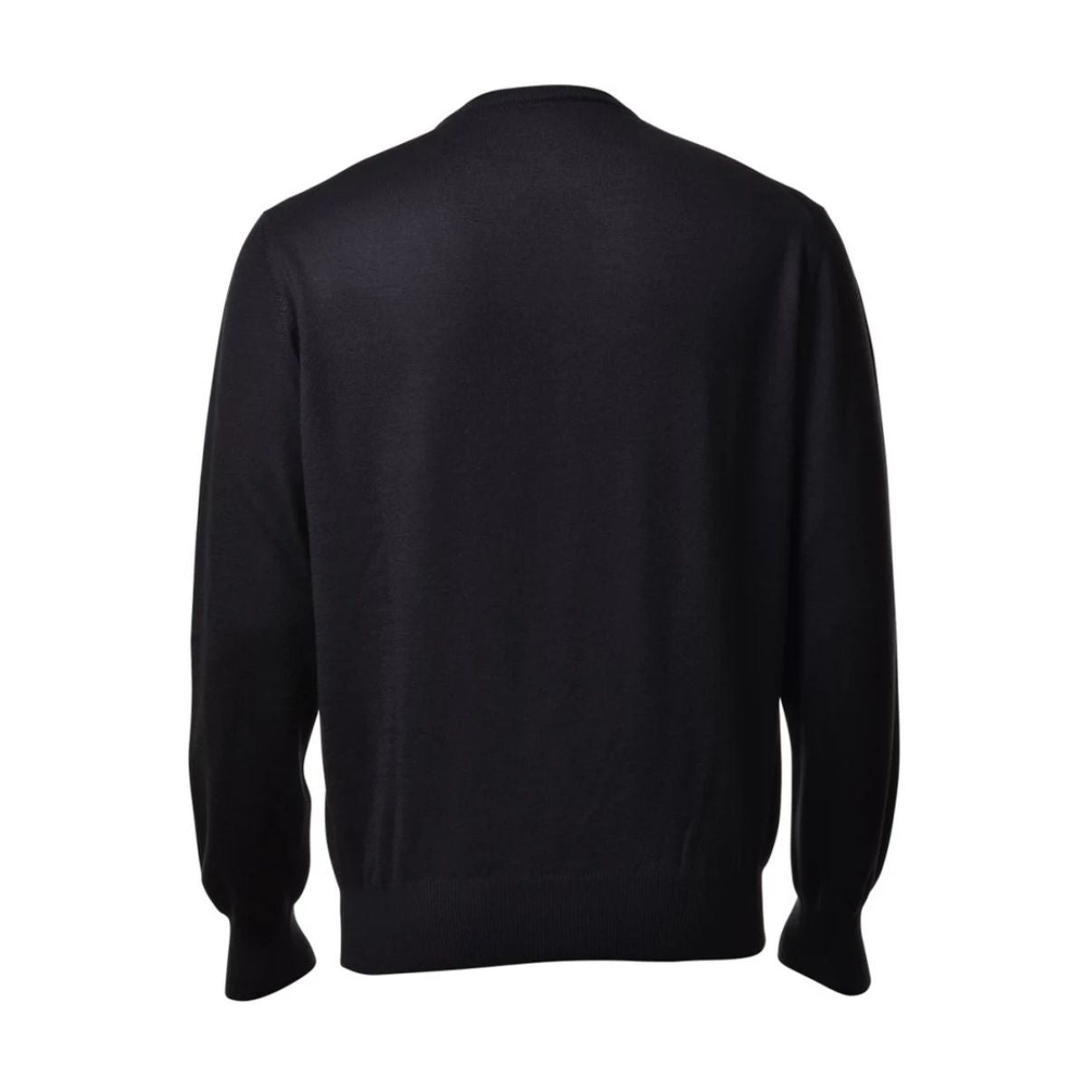 A black long-sleeve knit sweater shown from the back, displayed on a clean white background.