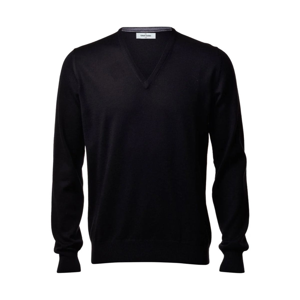 A black long-sleeve V-neck knit sweater displayed on a clean white background.