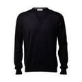 A black long-sleeve V-neck knit sweater displayed on a clean white background.