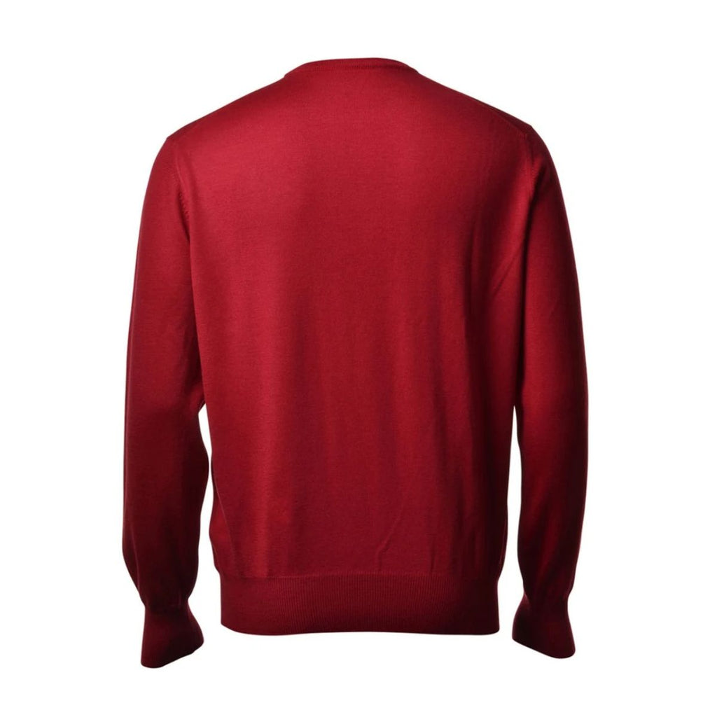 A burgundy red long-sleeve knit sweater shown from the back, displayed on a clean white background.