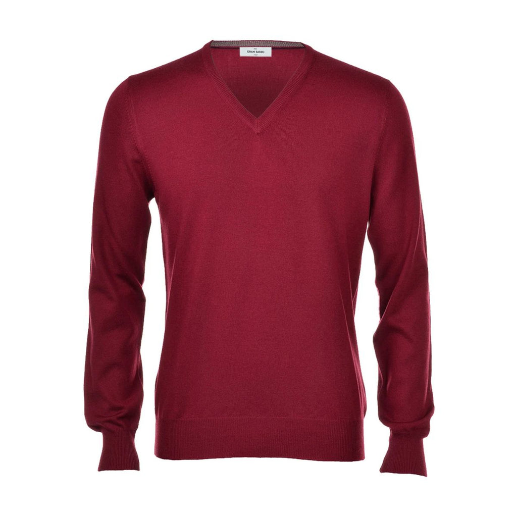 A men's long-sleeve V-neck knit sweater in a burgundy red, shown on a clean white background.