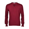 A men's long-sleeve V-neck knit sweater in a burgundy red, shown on a clean white background.