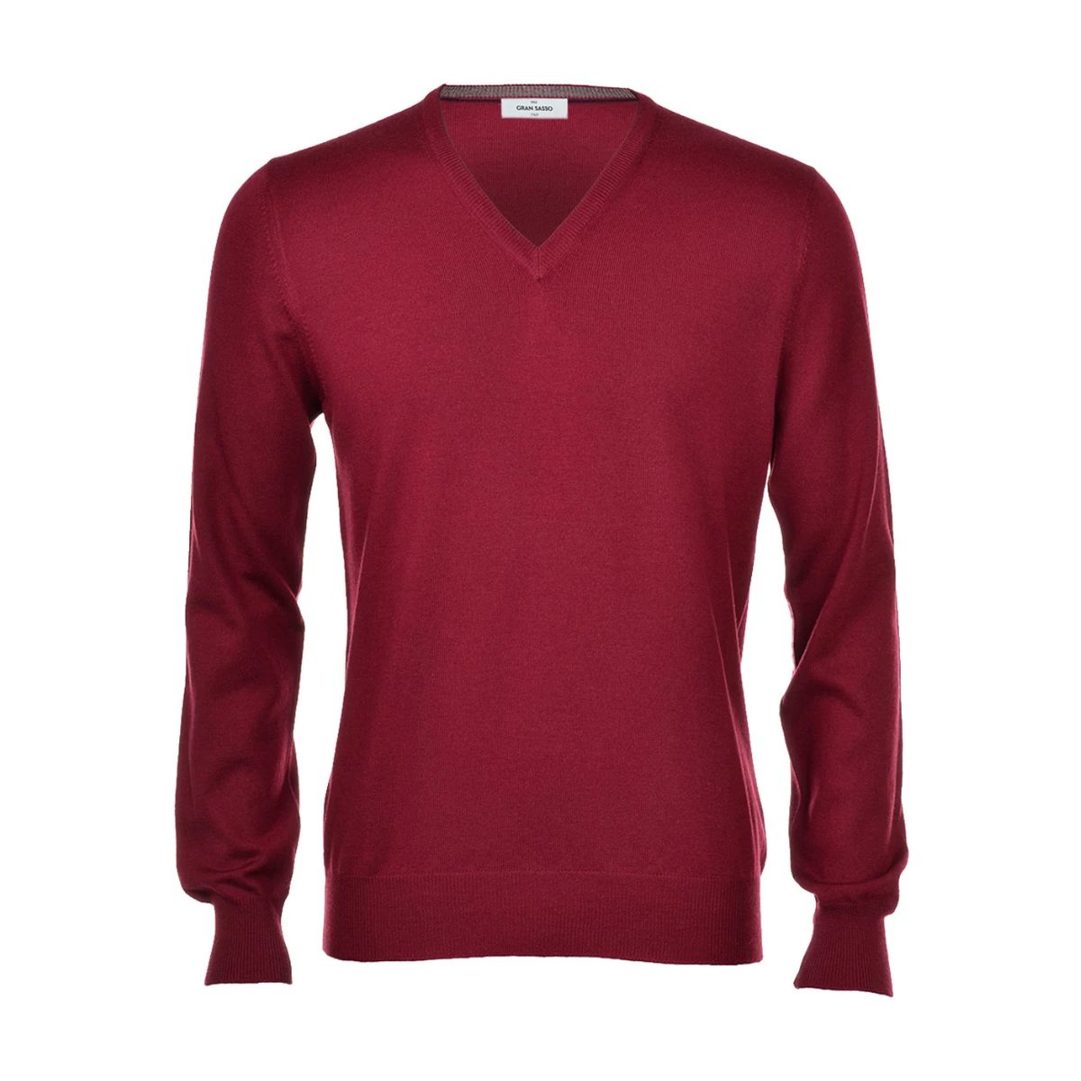 A men's long-sleeve V-neck knit sweater in a burgundy red, shown on a clean white background.