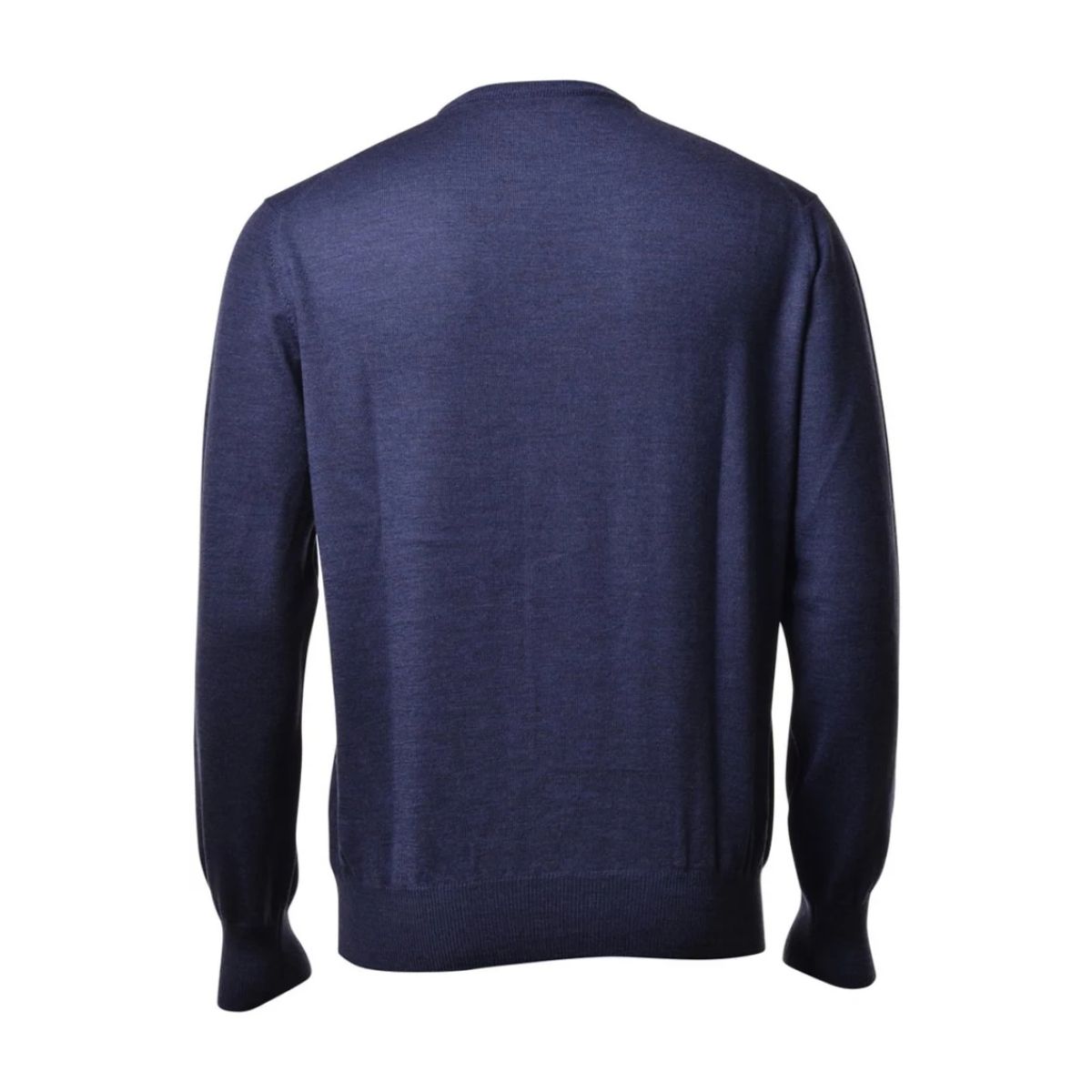 A dark denim blue knit sweater shown from the back, displayed on a clean white background.