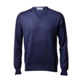 A dark denim blue long-sleeve V-neck knit sweater displayed on a clean white background.