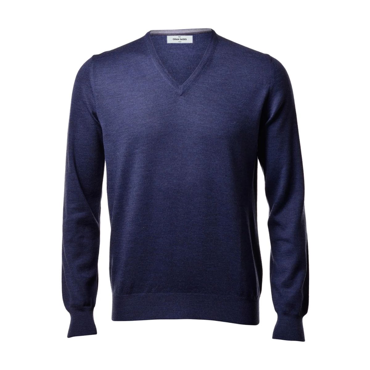 A dark denim blue long-sleeve V-neck knit sweater displayed on a clean white background.
