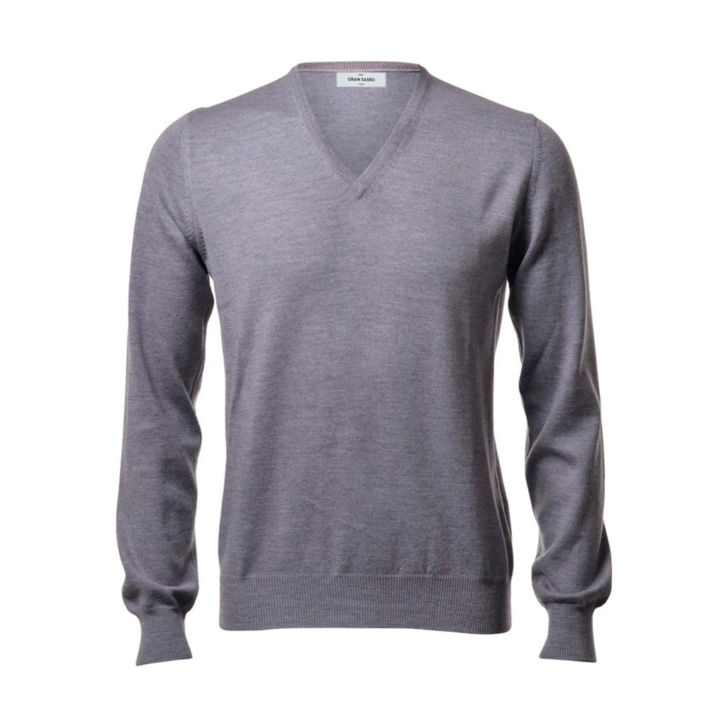 A heather gray long-sleeve V-neck knit sweater displayed on a ghost mannequin against a plain white background.