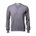 A heather gray long-sleeve V-neck knit sweater displayed on a ghost mannequin against a plain white background.