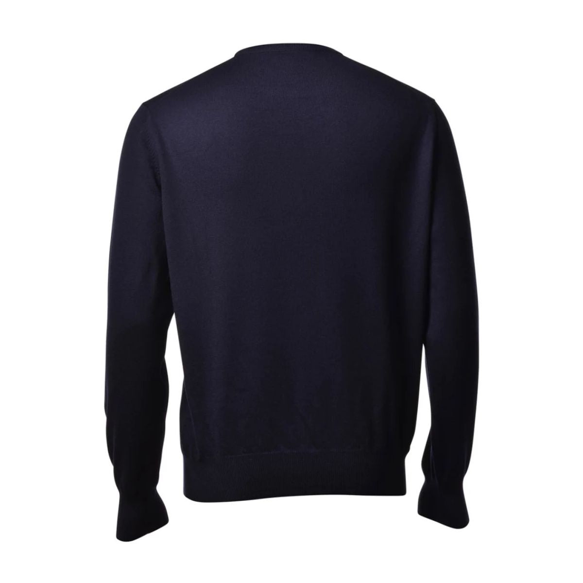 A dark navy blue long-sleeve knit sweater shown from the back, photographed against a solid white background.