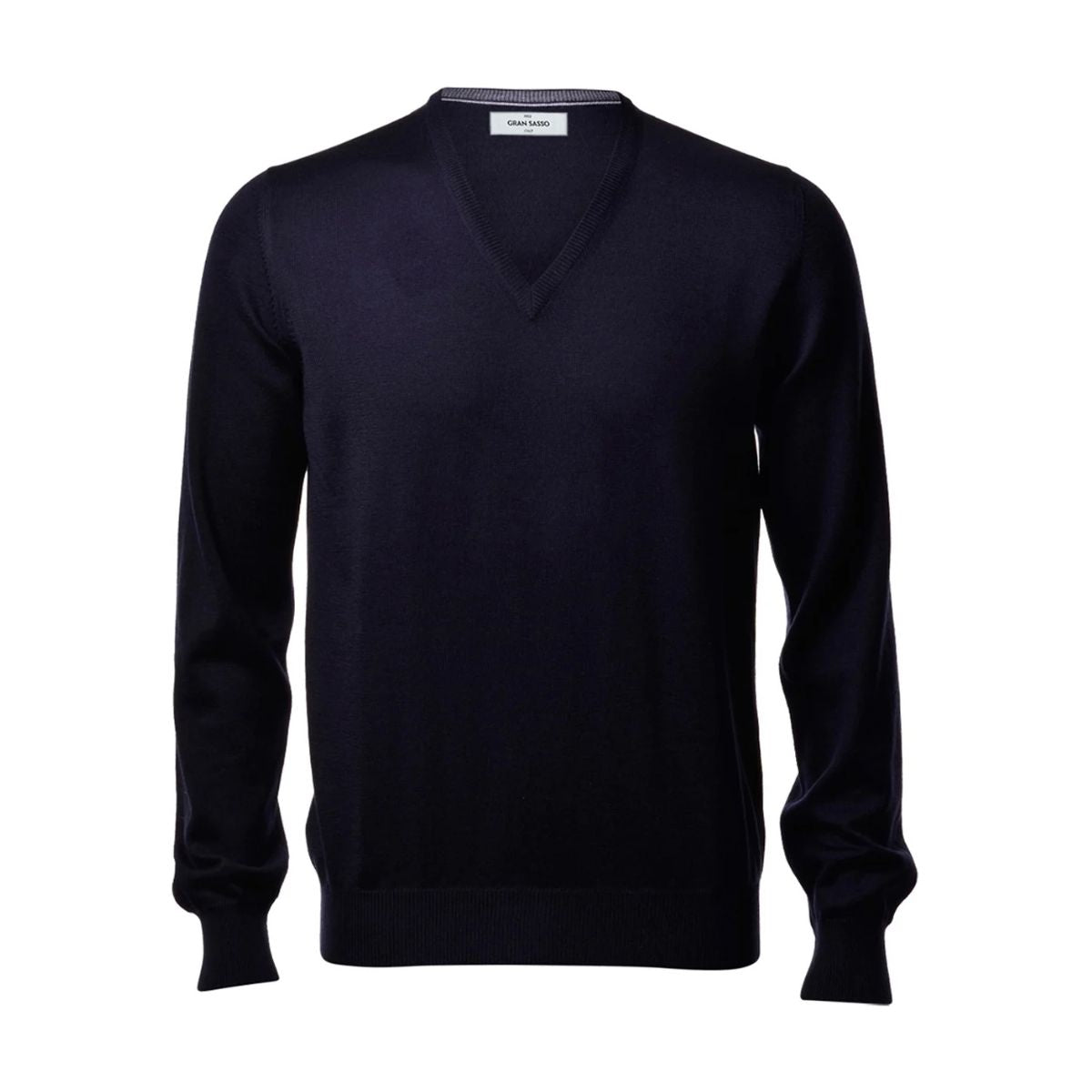 A dark navy blue V-neck knit sweater displayed on a ghost mannequin against a plain white background.